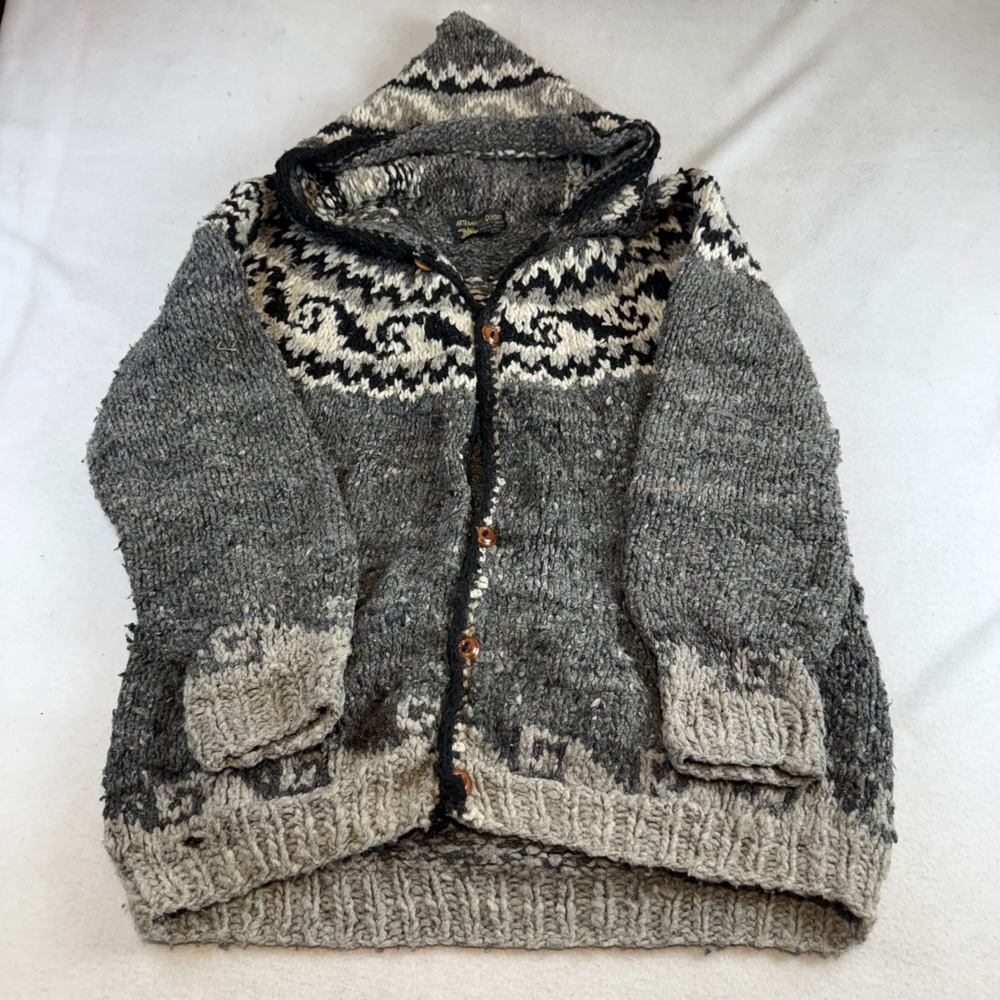 Artesanias Quishpe Ecuador Hand Knit 100% Wool Hooded Cardigan Sweater Grey